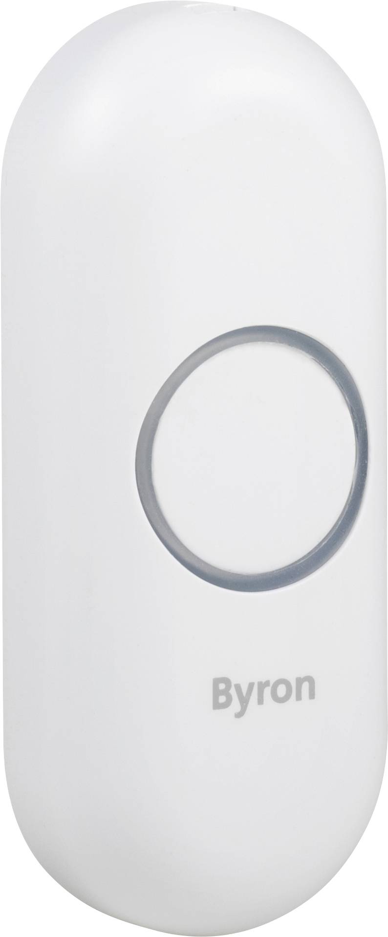 Een witte, ovale belknop met een grijze ring en het opschrift 'Byron'.