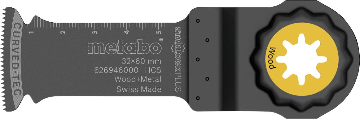 Een zwart Metabo 'SWISSTOOL PLUS' 32 mm multifunctioneel gereedschap met een curved-tec blad en een geel houtaanhechtingspictogram op de handgreep.
