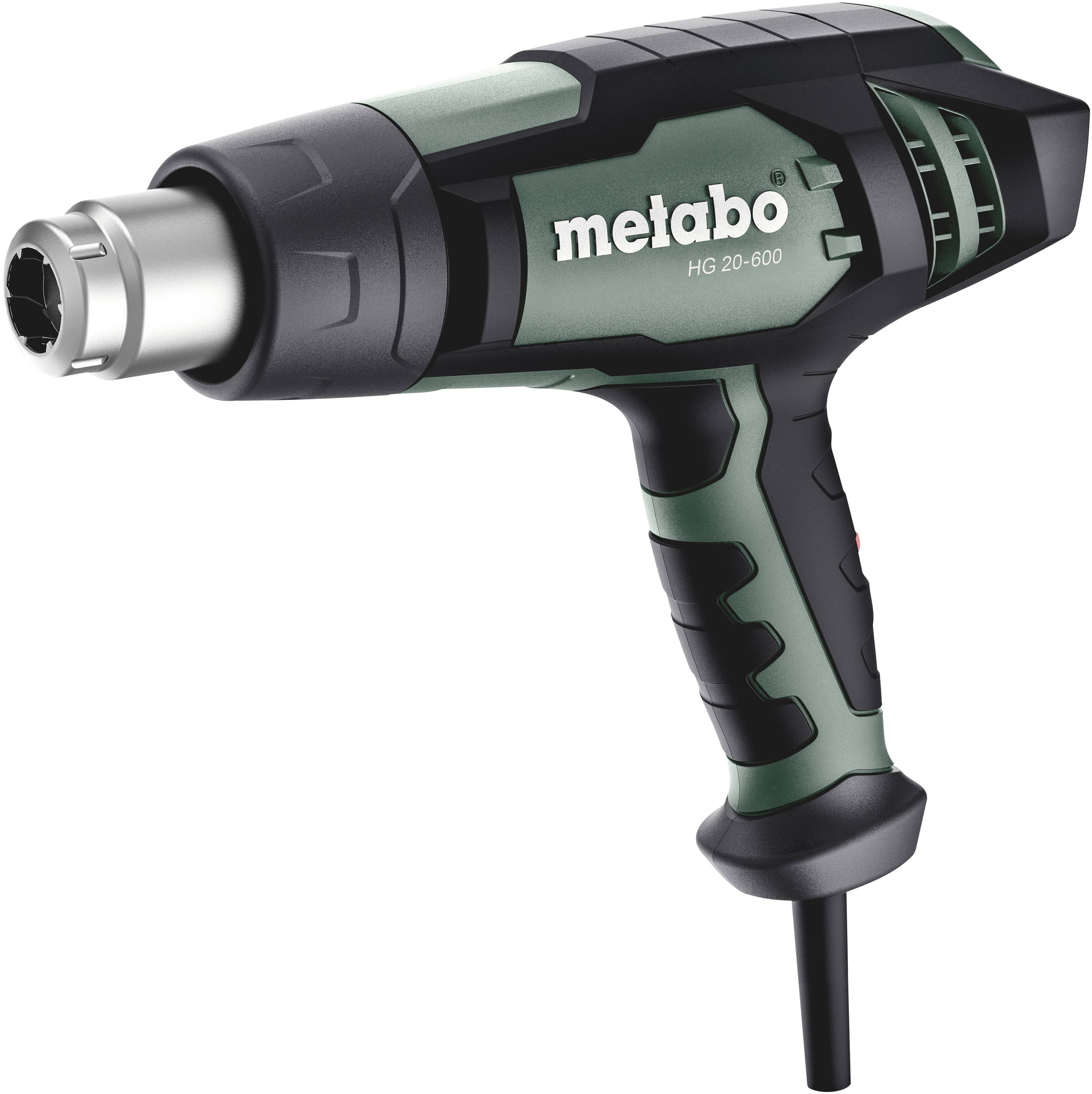 Heteluchtpistool met een groen-zwarte handgreep, merknaam 'Metabo' zichtbaar, geschikt voor ambachtelijke of doe-het-zelf werkzaamheden.