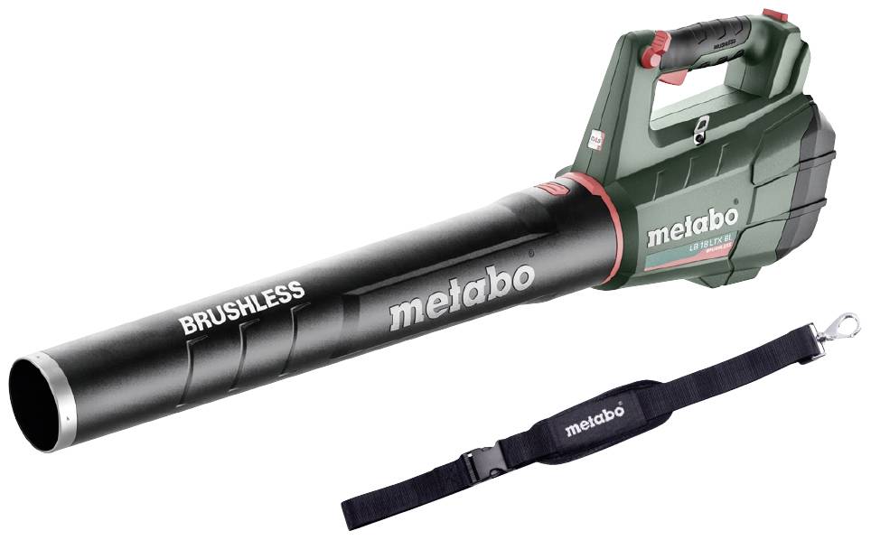 Accu-bladblazer van het merk Metabo, model "BRUSHLESS", groen-zwart met draagriem.
