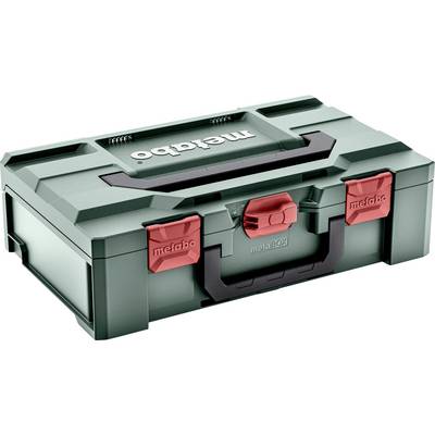Grijze Metabo gereedschapskist met zwart handvat en rode sluitingen, gesloten weergegeven op een witte achtergrond.