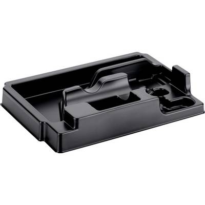 Zwart gemolded plastic organizer dienblad met vakken en een centraal uitsparing voor handvat, geïsoleerd tegen een witte achtergrond.