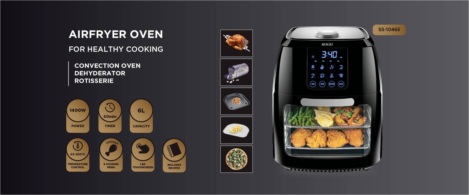 Airfryer met digitaal display, toont temperatuur en tijd. Geschikt voor braden, grillen, drogen, rotisserie. Accessoires en gerechten afgebeeld.