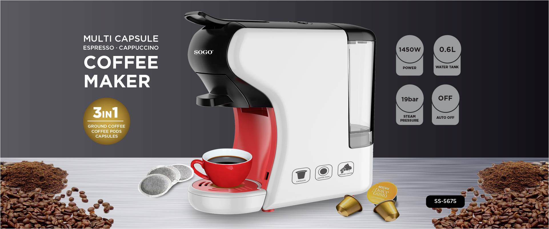 Koffiemachine met capsule-opties voor espresso en cappuccino. Specificaties tonen functies: 1450W, 0,6L waterreservoir. Koffievariatie '3-in-1'.
