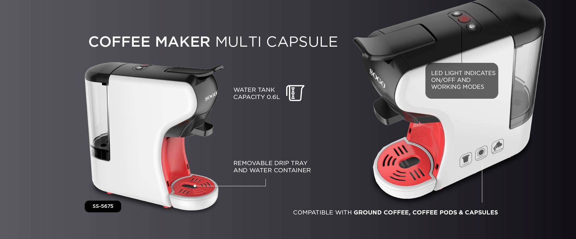 Koffiemachine met multi-capsule-functie. Verwijderbaar lekrooster en waterreservoir. LED's geven bedrijfsmodus aan. Compatibel met gemalen koffie, capsules en pads.