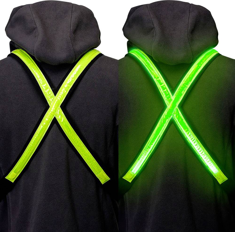 Twee foto's van een zwarte hoodie met reflecterende, fluorescerende geelgroene riemen op de rug, die een X-patroon vormen.