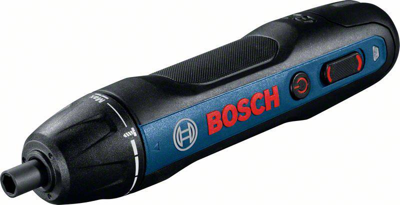 Elektrische schroevendraaier in zwart-blauw met het opschrift 'Bosch' in rood. Compact design, ergonomische handgreep.