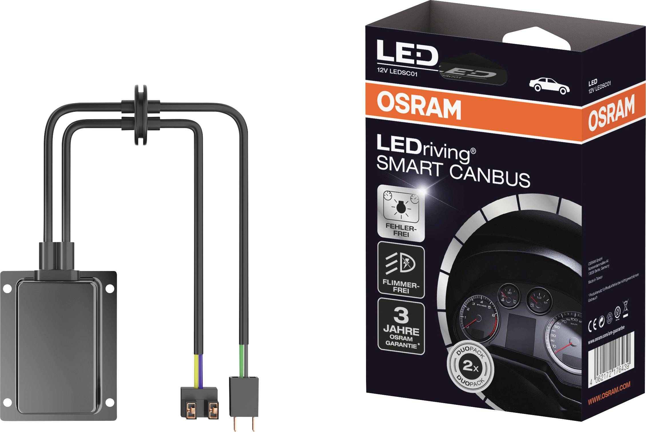 'OSRAM LEDriving SMART CANBUS' verpakking naast een elektronisch apparaat met kabels. Verpakking toont auto-dashboard.