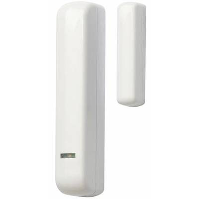 Twee witte magneetcontacten, van verschillende grootte, voor deur- of vensterbewaking in een beveiligingssysteem.