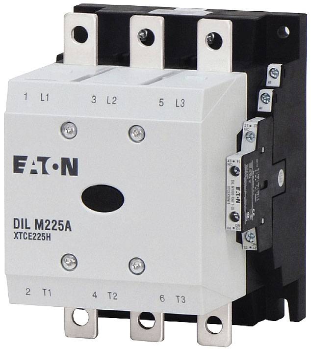 Elektrische contacteur van Eaton, model DIL M225A, toont aansluitingen en labels L1, L2, L3 voor de fasen en T1, T2, T3 voor de uitgangen.