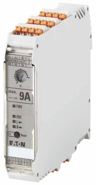 'Slanke elektronische motorbeveiligingsschakelaar, wit behuizing, oranje aansluitingen, maximale stroom 9A, resetknop.'