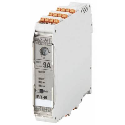 'Slanke elektronische motorbeveiligingsschakelaar, wit behuizing, oranje aansluitingen, maximale stroom 9A, resetknop.'
