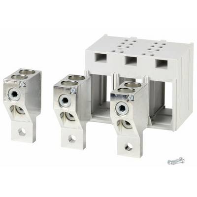 Metalen kabelklemmen en een kunststof beugel voor elektrische aansluitingen, afgebeeld met de bijbehorende schroeven.