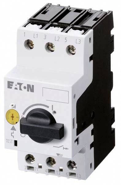 Een vermogensschakelaar van Eaton met een draaiknop voor bediening. Bovenzijde toont aansluitingen L1, L2, L3.