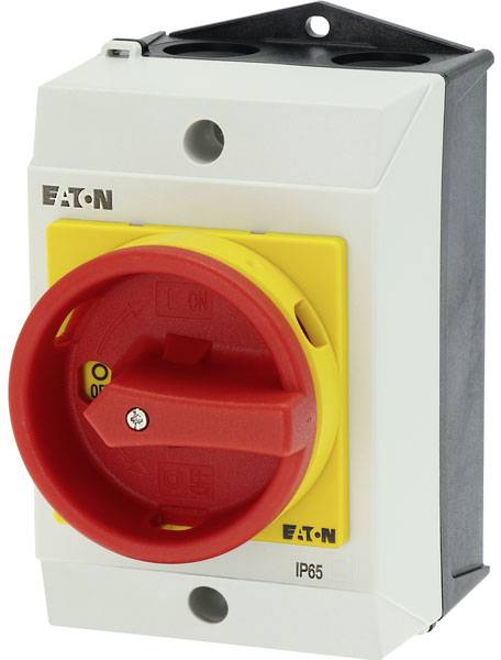 Een hoofdschakelaar met rode draaigreep op een wit behuizing, geschikt voor industriële toepassingen. Gemarkeerd met 'Eaton' en beschermingsgraad 'IP65'.