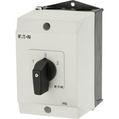 Een wandschakelaar van het merk Eaton met drie standen: '0', '1' en '2'. Geschikt voor buitengebruik, beschermingsgraad IP65.