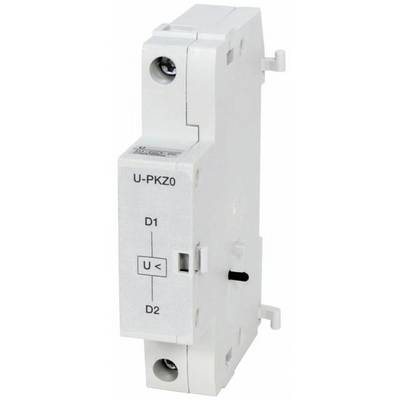 Een wit elektrisch schakeltoestel met het opschrift 'U-PKZ0', voorzien van twee schroefopeningen aan de boven- en onderzijde.