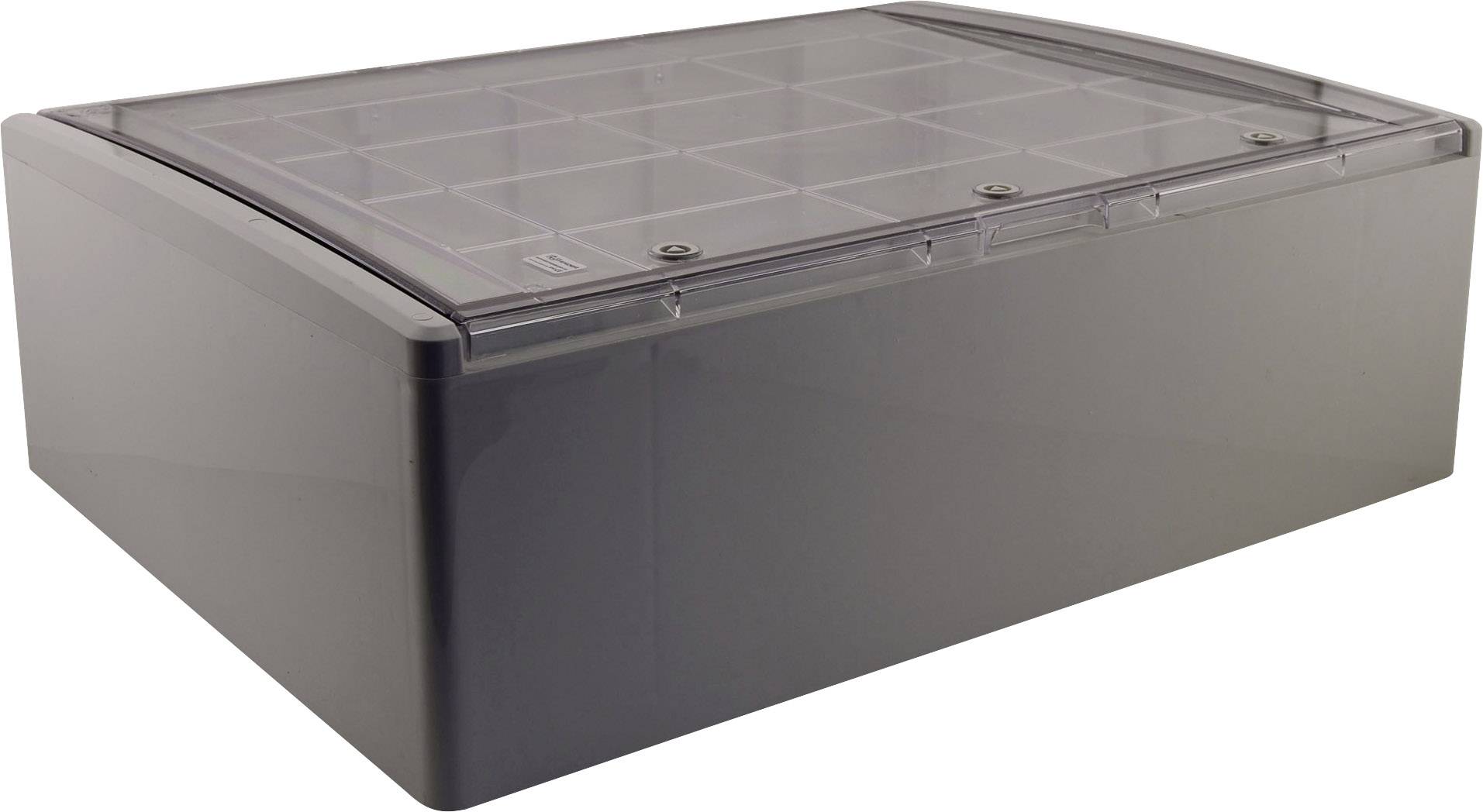 Grijze, rechthoekige plastic doos met transparante deksel en vakjes aan de binnenkant. Ideaal voor het opbergen of organiseren van kleine voorwerpen.