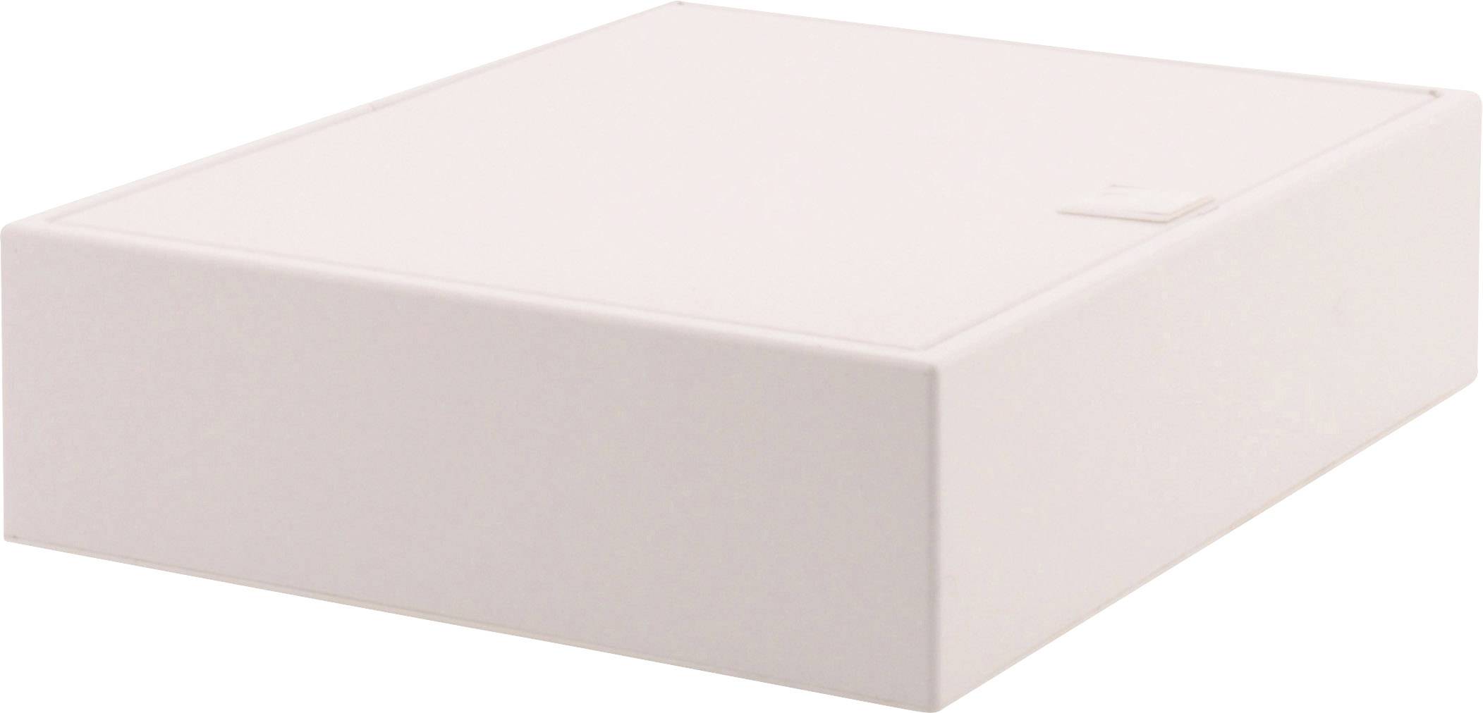 Een witte, vierkante doos met deksel, plat neergelegd op een oppervlak.