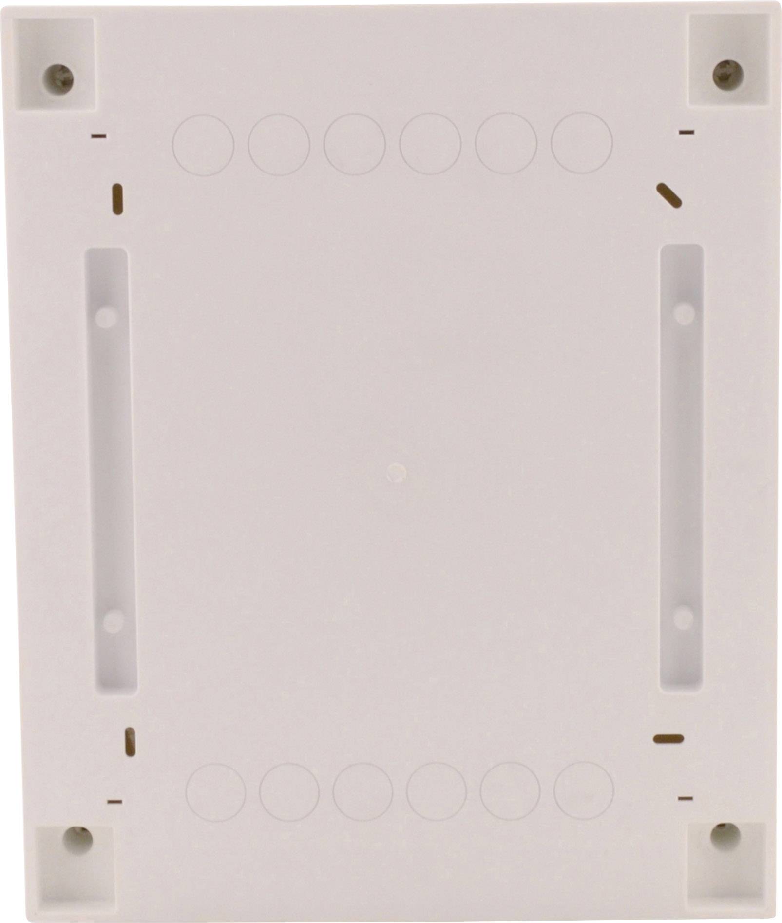 De afbeelding toont een witte kunststof plaat met verschillende ronde en rechthoekige uitsparingen, die bedoeld is voor wandmontage.
