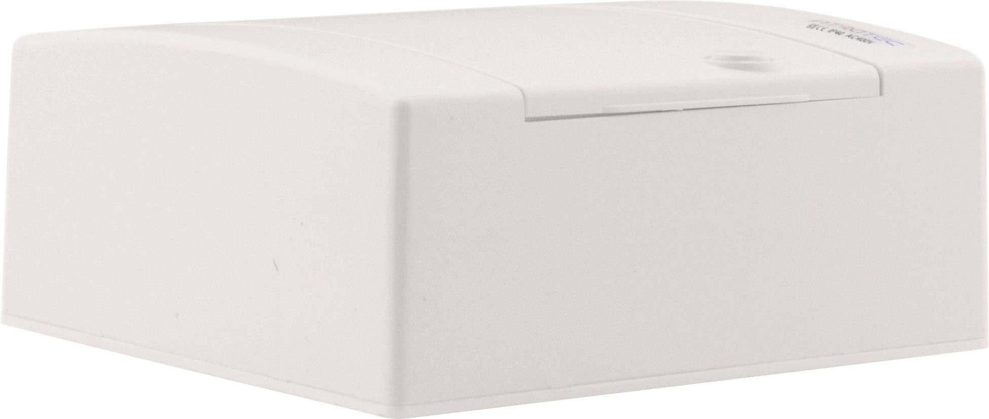Een rechthoekig, wit apparaat, waarschijnlijk een behuizing voor technische apparatuur, op een neutrale achtergrond.