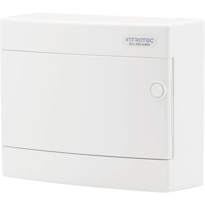 Een witte elektrische schakelkast van IntraTec, met een knop aan de rechterkant en een label linksboven.