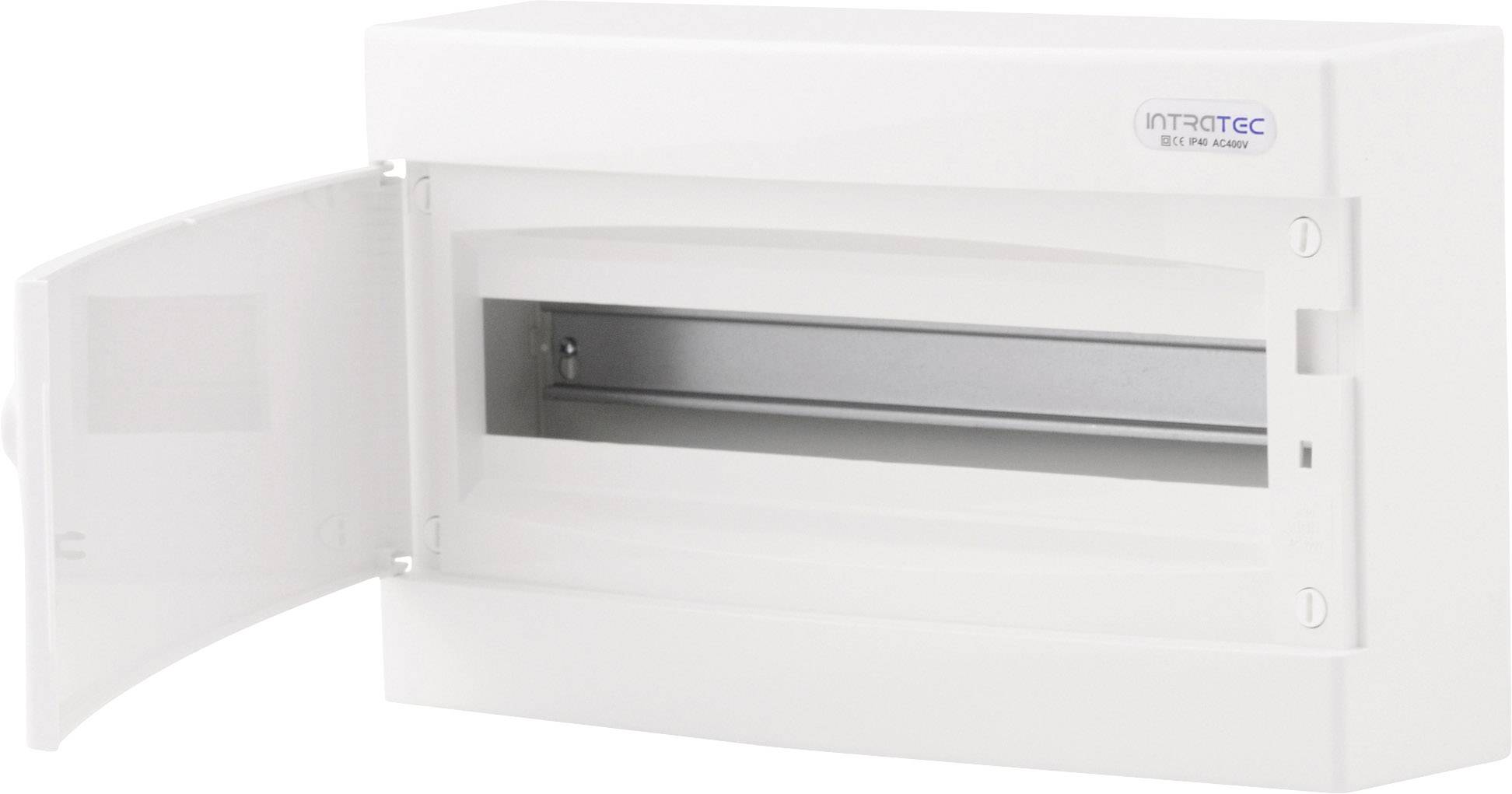 Witte elektrische schakelkast met geopende deur, toont binnenaanzicht zonder geïnstalleerde componenten. Markering 'INTATEC' zichtbaar rechtsboven.