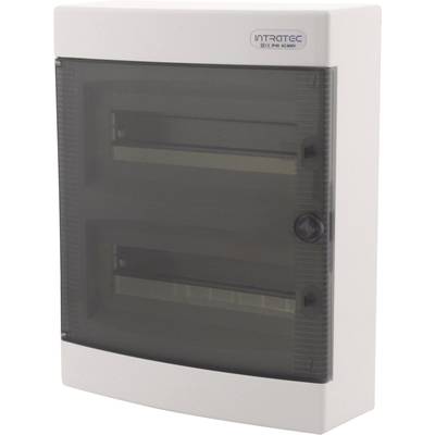 Een witte elektrische verdeelkast met twee rijen voor zekeringen. De transparante deur maakt het mogelijk om de binnenverdeling te zien.