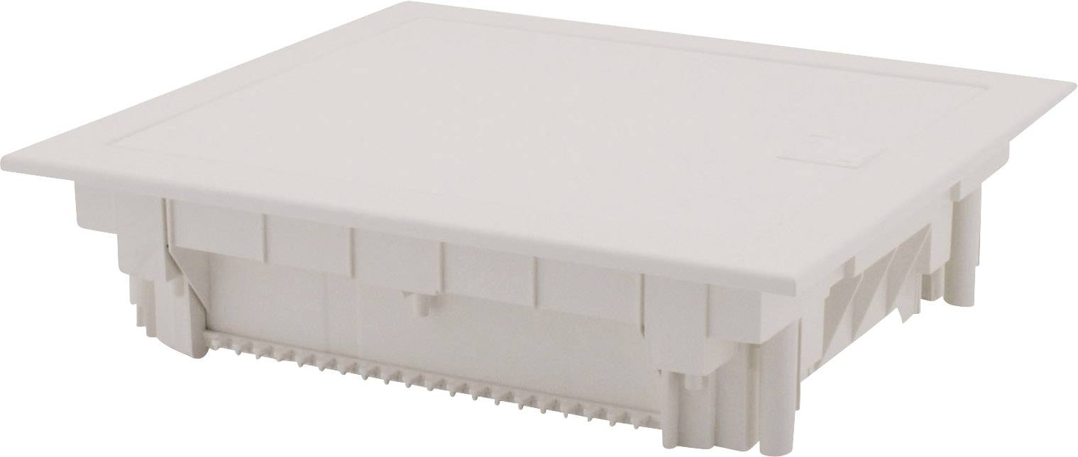 Een witte, vierkante inbouwlijst voor elektrotechnische installaties, onopvallend, met verhoogde details langs de randen.