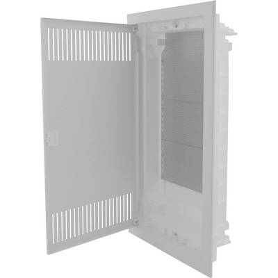 Een witte, geopende schakelkast met ventilatiesleuven toont de binnenkant voor de installatie van elektronische componenten.