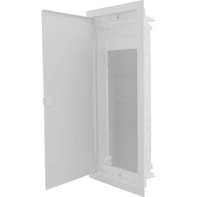 Witte, geopende schakelkast met geperforeerde achterwand, geschikt voor elektronica- of elektrische installaties.