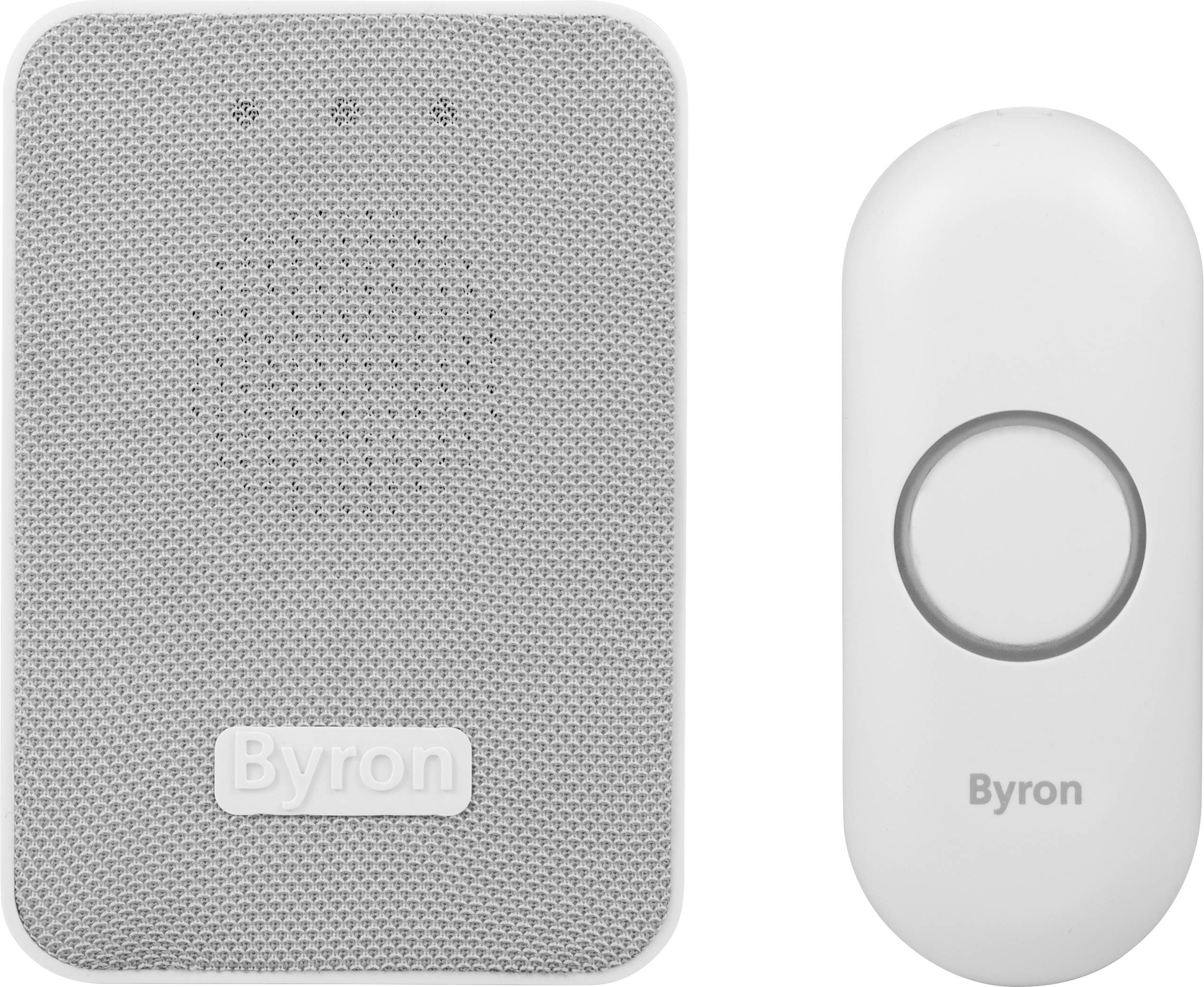 Witte draadloze deurbel met grijze luidspreker en ovale knop. 'Byron' aanduiding op beide onderdelen.