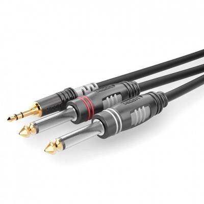 Drie audiokabels, links een 3,5 mm stereo-stekker, rechts twee 6,3 mm mono-jackstekkers. Geschikt voor audioapparatuur.