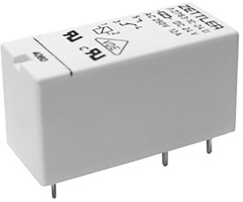 Een wit, rechthoekig relais met vier metalen pinnen dat elektrische signalen bestuurt. Het vertoont het UL-veiligheidskeurmerk en technische specificaties.