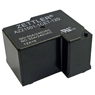 Rechthoekige zwarte relaismodule met het opschrift 'Zettler AZ21501-1CET-12D', geschikt voor 50A/240VAC, tegen een neutrale achtergrond.