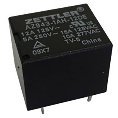 Relais met opschrift 'ZETTLER', model AZ943-1AH-12DE. Specificaties: 12A 125V~, 5A 250V~, 15A 125VAC, 10A 277VAC, Vervaardigd in China.