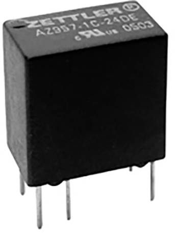 Een zwart relais met vier aansluitingen en het opschrift 'ZETTLER AZ957-1C-24DE'.