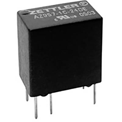 Een zwart relais met vier aansluitingen en het opschrift 'ZETTLER AZ957-1C-24DE'.