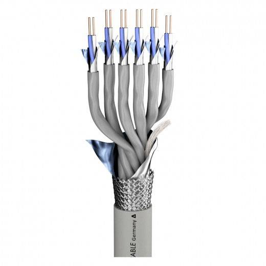Een meeraderige kabel met afscherming vertoont blootliggende koperen draden, omgeven door blauwe folie en gevlochten metalen vlechtwerk.