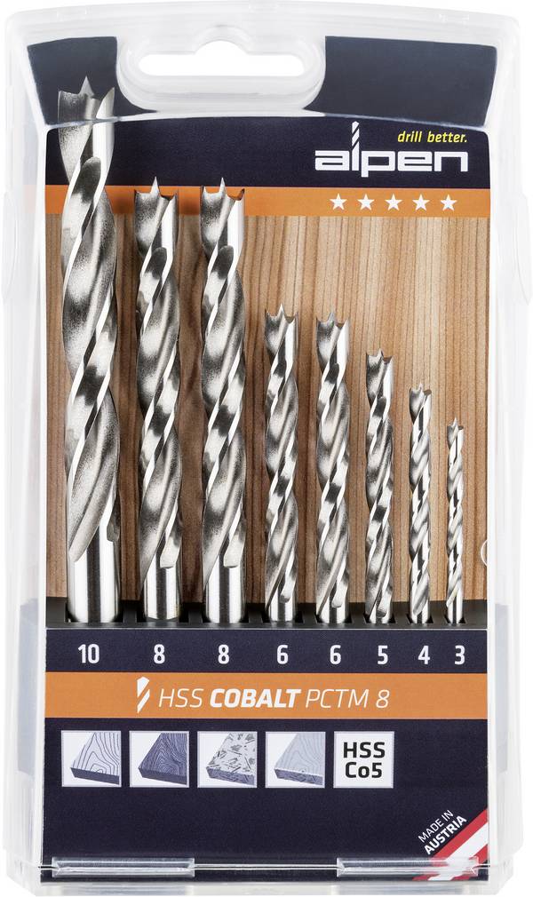 Alpen 0063300008100 Hout-spiraalboor 8-delig 3 mm, 4 mm, 5 mm, 6 mm, 6 mm, 8 mm, 8 mm, 10 mm   1 stuk(s)