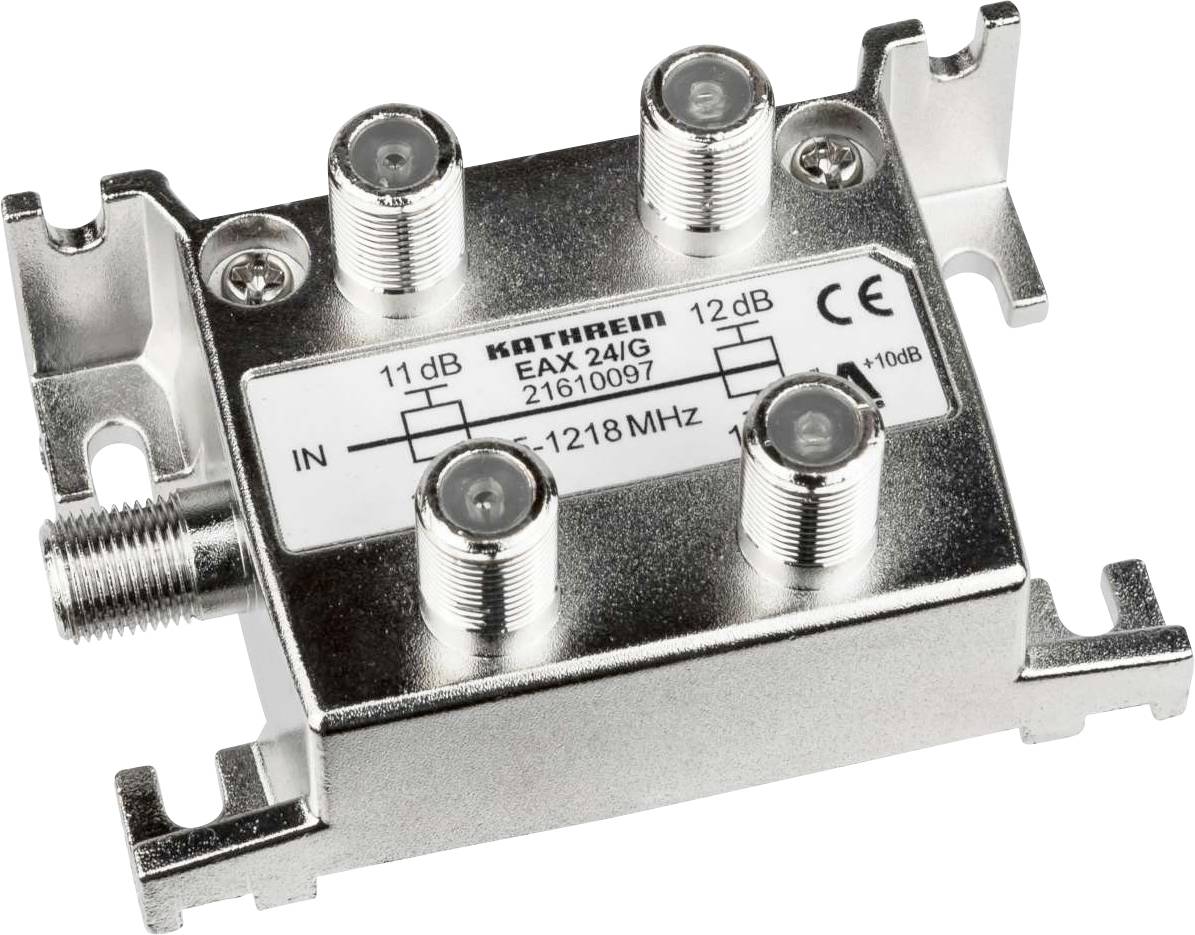 Metalen antennensplitter met vier aansluitingen, één ingang en drie uitgangen. Opschrift: 'Kathrein EAX 24/JG, 5-1218 MHz'.