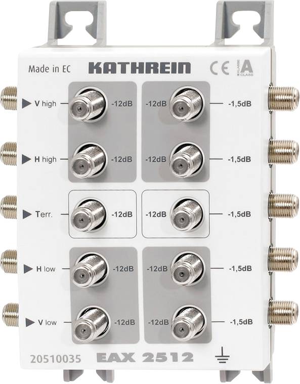 Een verdelermodule met meerdere coaxiale aansluitingen en markeringen voor verticale en horizontale hoge/lage signalen.