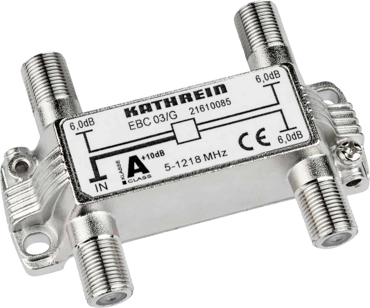 Een zilveren verdeler, gemarkeerd met 'KATHREIN EBC 03/G', heeft vier coaxiale aansluitingen. Frequentiebereik 5-1218 MHz.