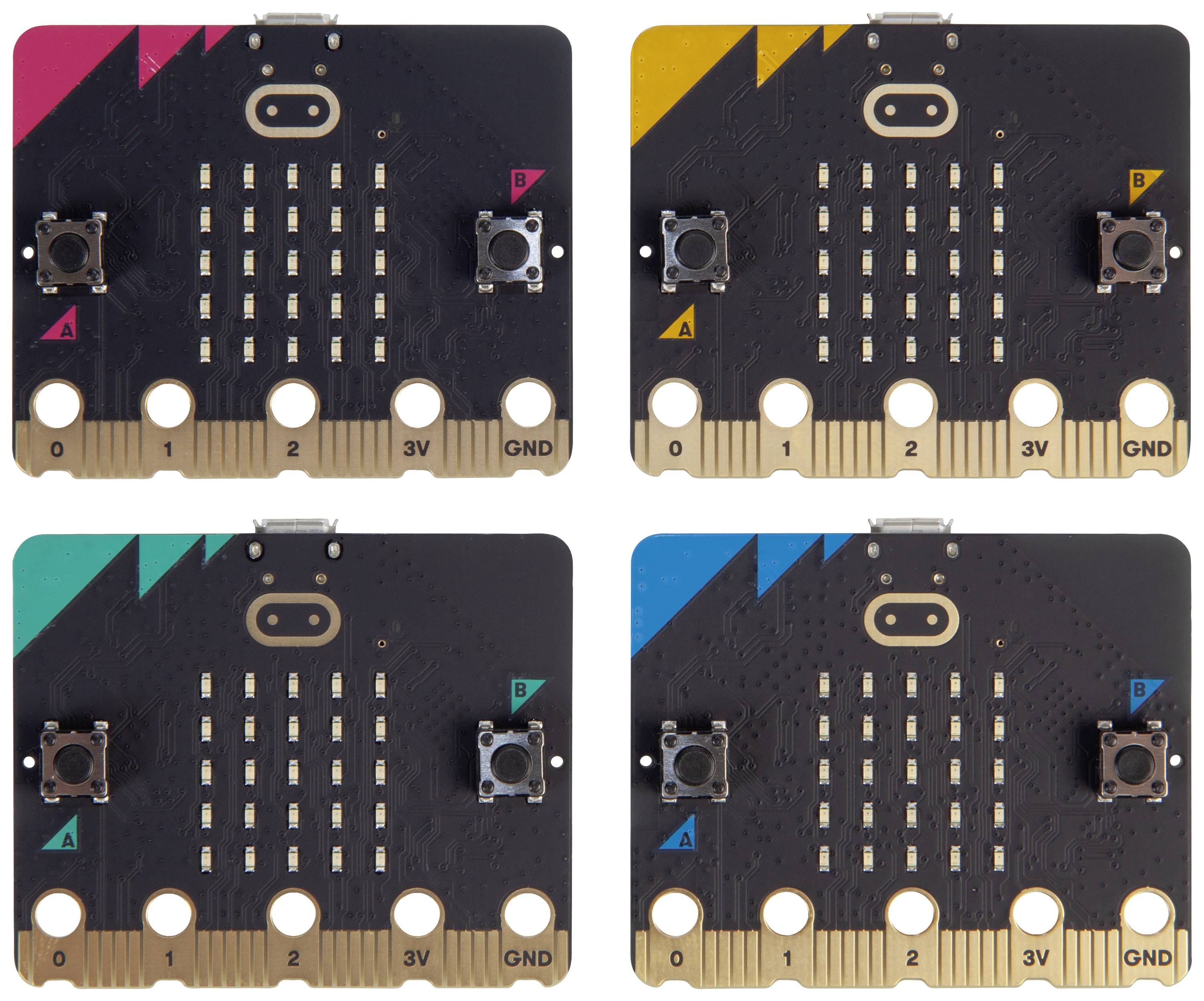 Vier microcontroller-boards in verschillende kleuren. Elk heeft LED-indicatoren en twee knoppen. Geschikt voor programmeerprojecten.