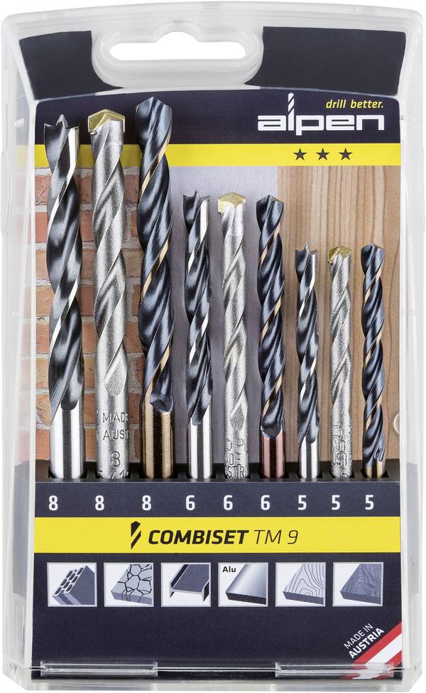 Alpen TM 9 0000802102100 Boor- en bitassortiment 9-delig Metaal, Steen, Beton, Hout, Metselwerk 5 mm, 6 mm, 8 mm