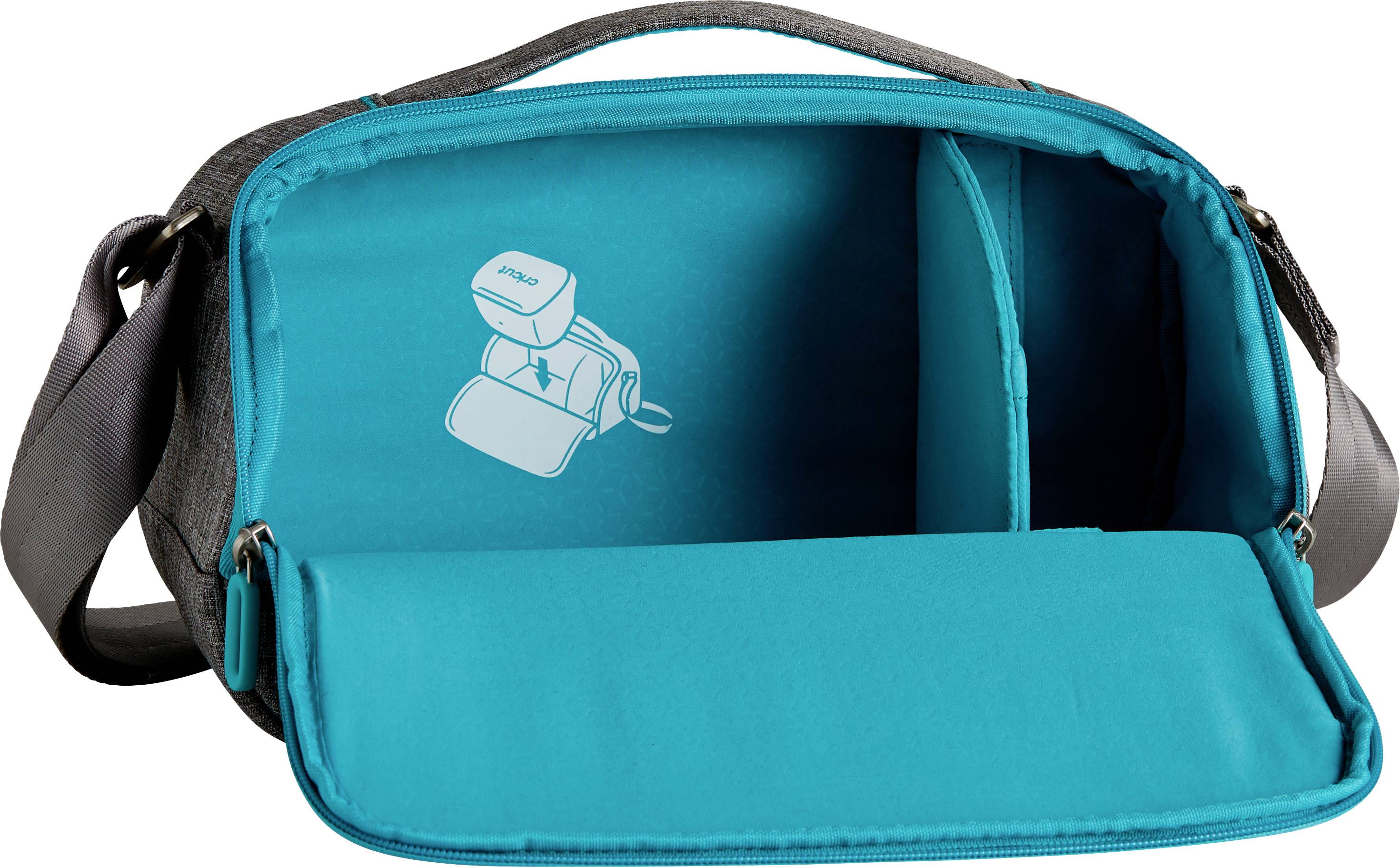 'Opened dark gray camera bag with turquoise inner lining and separated compartments.'