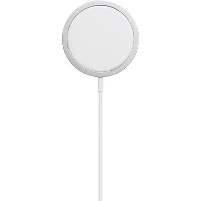 Rundere, witte MagSafe-oplader, bovenaan verbonden met een kabel.