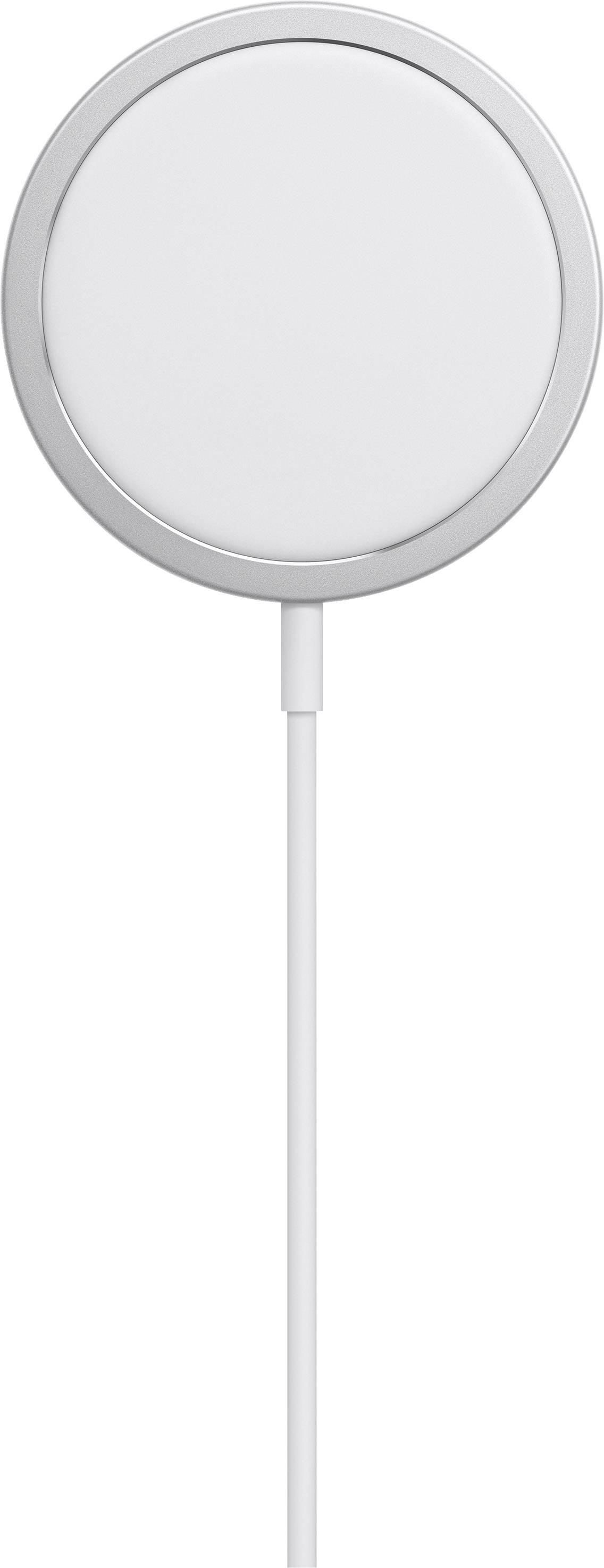Rond, wit magnetisch oplaadstation met kabel, vergelijkbaar met een MagSafe-oplader. Geschikt voor draadloos opladen van compatibele apparaten.