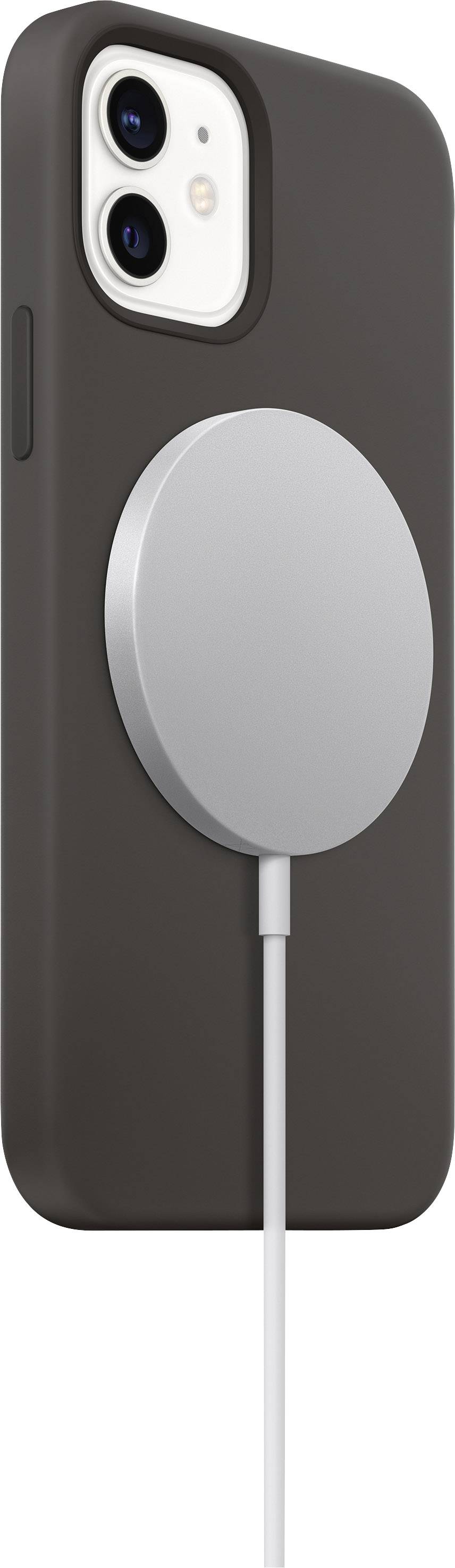 Een zwarte smartphone met een magnetisch bevestigd oplader zonder aansluiting aan de achterkant.