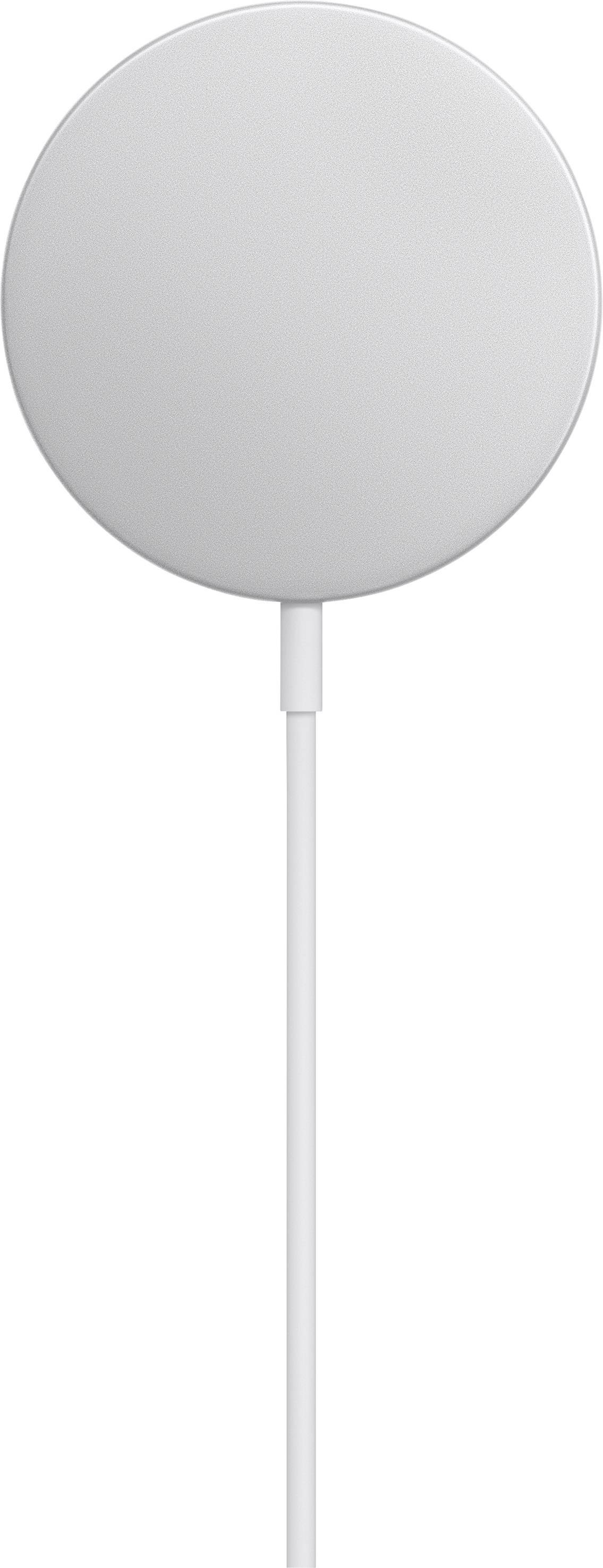 Een ronde, platte, zilveren draadloze laadadapter met een geïntegreerd kabel dat naar beneden loopt, op een witte achtergrond.